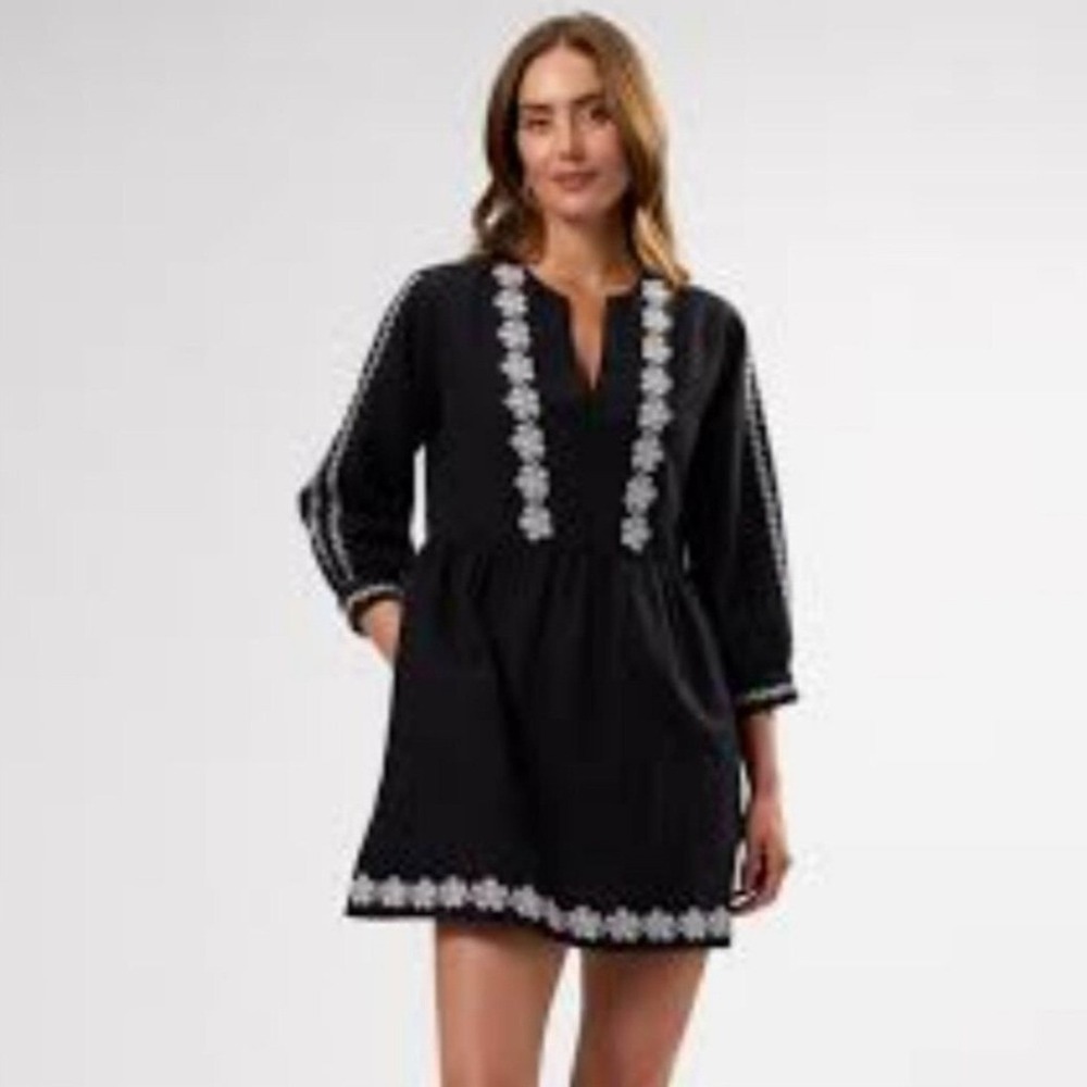 Amour Vert Black White Linen Organic Cotton Embroidered Mini Dress Pockets ‎ M